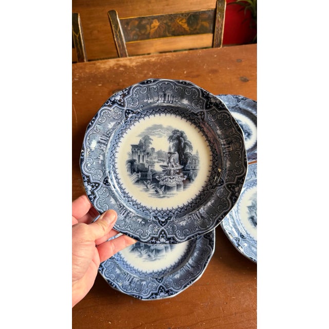 A Super Rare Set of 6 Antique Flow Black Ironstone Plates “Athens” by W. Adams, Circa 1850’s Made by William Adams & Sons,...