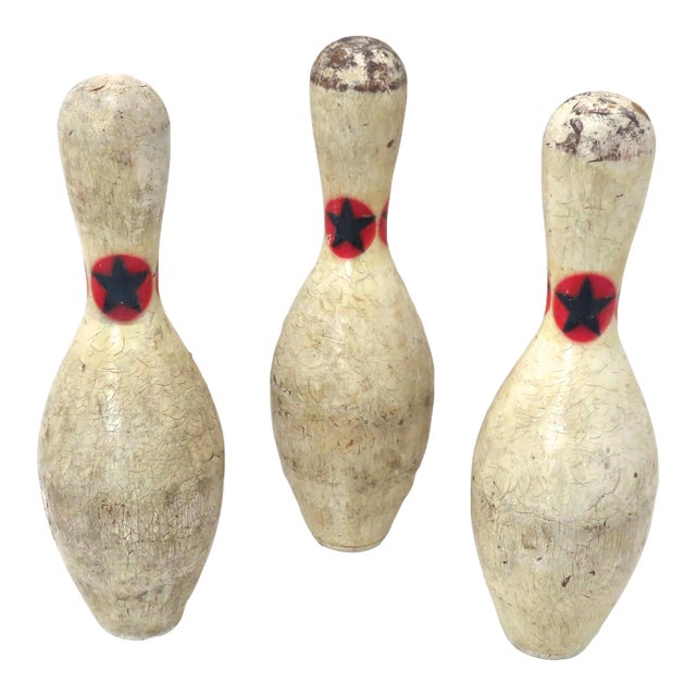Original Vintage American Mid 20th Century Wood Bowling Pins. Lot of 3 For Sale