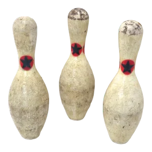 Original Vintage American Mid 20th Century Wood Bowling Pins. Lot of 3