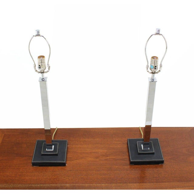 Mid 20th Century Pair of Chrome Stitched Square Leather Bases Modern Table Lamps by Nessen MINT For Sale - Image 5 of 8