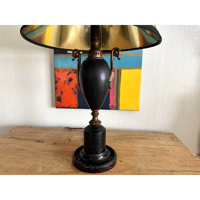 Metal Vintage Black Metal Urn Lamp With Leopard Print Shade For Sale - Image 7 of 12