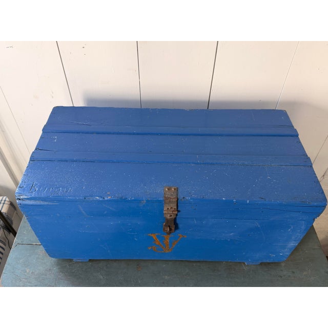 Vintage French Painted Cobalt Blue Trunk For Sale - Image 9 of 9