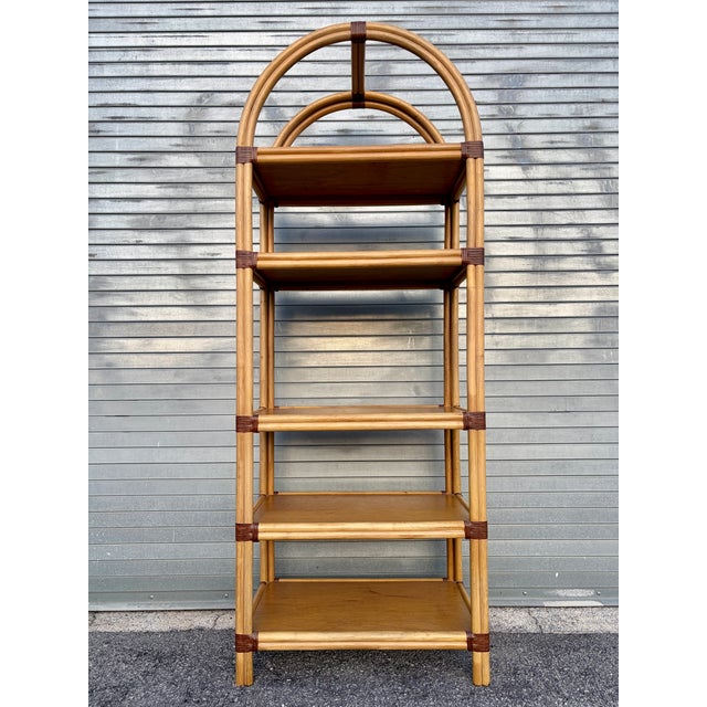 Brown Vintage Coastal Style Arched Rattan Etagere/ Bookcase in the McGuire's Manner. Circa 1970s. For Sale - Image 8 of 18