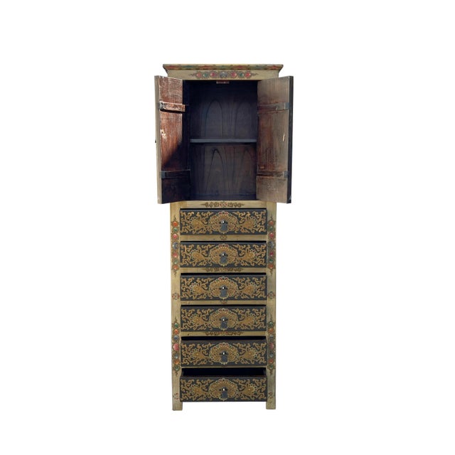 Chinese Light Olive Golden Dragons Tall Slim Multi Drawers Cabinet ...