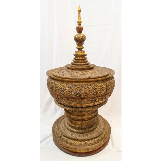 Huge Burmese Gilded Lacquer Offering Bowl in Stupa Form. For Sale - Image 9 of 13