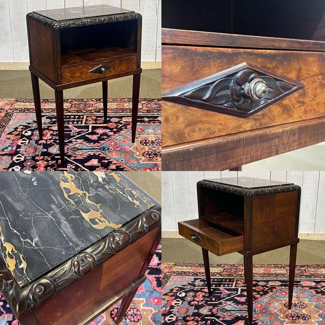 Art Deco period bedside table in rosewood, walnut burl and marble top, stamped Haentges Frères - W=46cm, D=34cm, H=71.5cm....