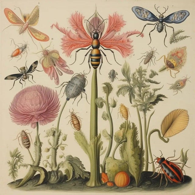Set of 6 - 'Insects and Flowers' Botanical Floral Prints Dimensions: Individual Print size (in): 18 x 18 (additional white...