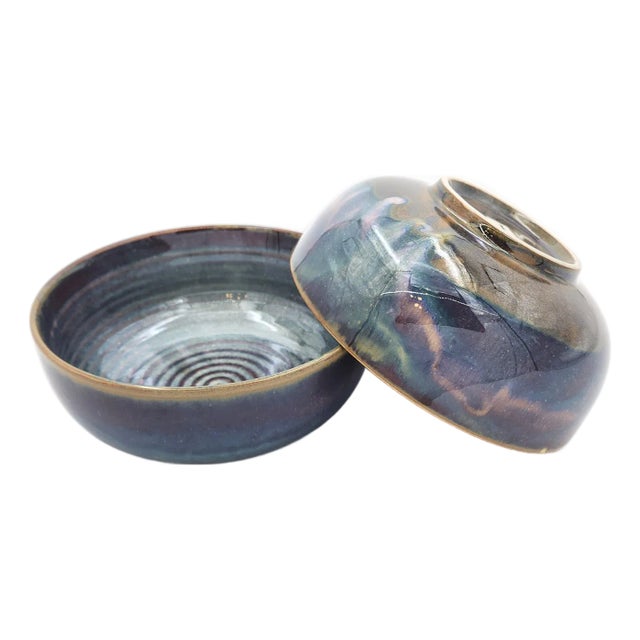 Set of Two 8" Hand-Glazed Bát Tràng Stoneware Ramen Bowls in Iridescent Indigo Color For Sale