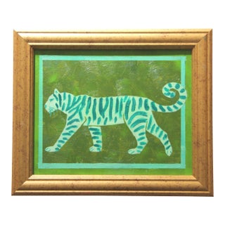 Tiger MInimalism Pop Folk Art Abstract Green Original Oil Painting by Cleo Plowden For Sale