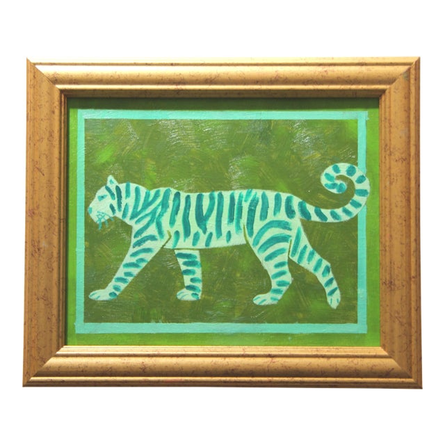 Tiger MInimalism Pop Folk Art Abstract Green Original Oil Painting by Cleo Plowden For Sale