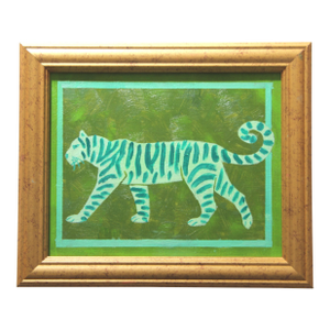 Tiger MInimalism Pop Folk Art Abstract Green Original Oil Painting by Cleo Plowden