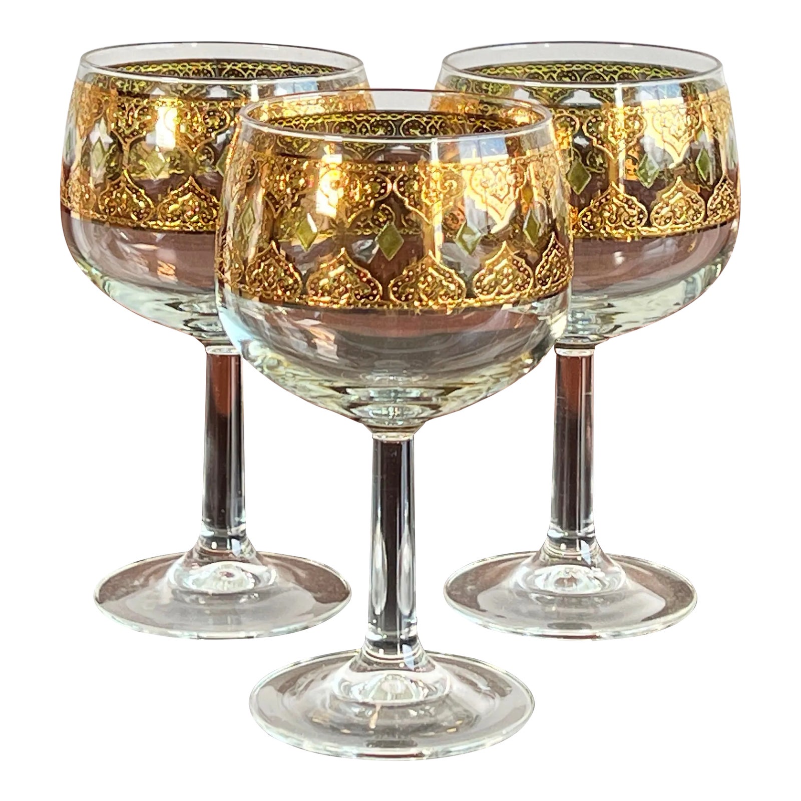 Vintage Culver 22k Gold Chardonnay Wine Goblet Wine Glasses - Set of 3