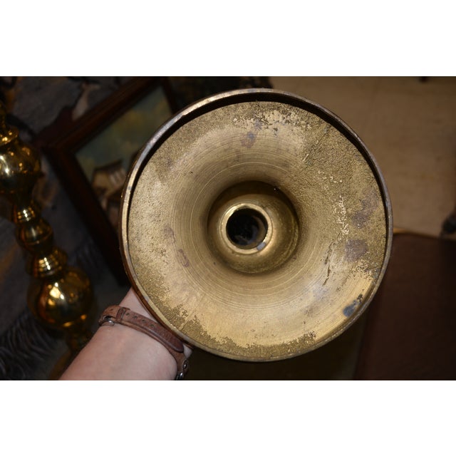 Vintage Pair Tall Brass Floor Candle Stands Holders Candlesticks For Sale - Image 11 of 15