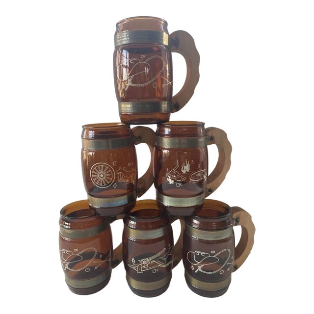 Mid 20th Century Southwestern Siesta Ware Amber Western Bar Mugs — Set of 6 For Sale