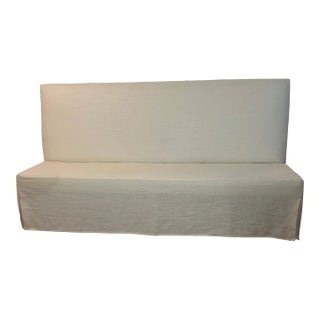 Linen Covered Bench With Blond Wood Frame 7 Feet Long For Sale