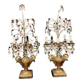 Neoclassic Giltwood and Rock Crystal Girandole Lamps a Pair For Sale