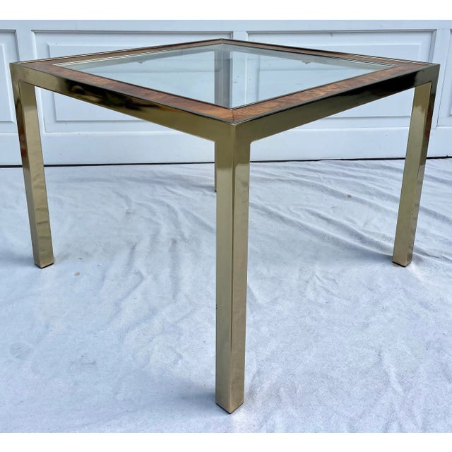 Wood 1960's Brass, Burl-Wood and Glass Parsons Side Table For Sale - Image 7 of 13