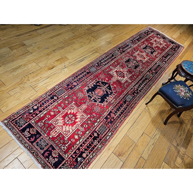 Antique Persian Heriz Karajeh Runner, Hand-Knotted Wool, Geometric Medallion Pattern, Red & Navy, 4x14 For Sale - Image 10 of 18