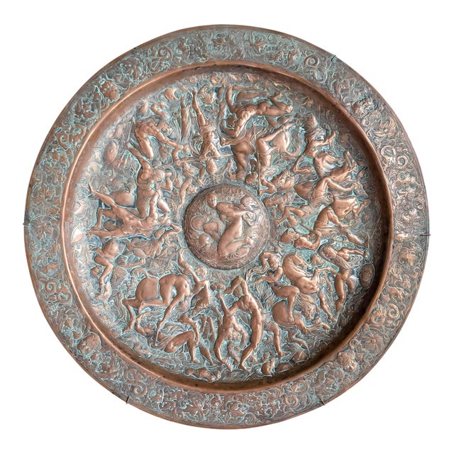 19th Century Large Copper Electrotype Charger "Battle of the Amazons" by Elkington & Co. For Sale