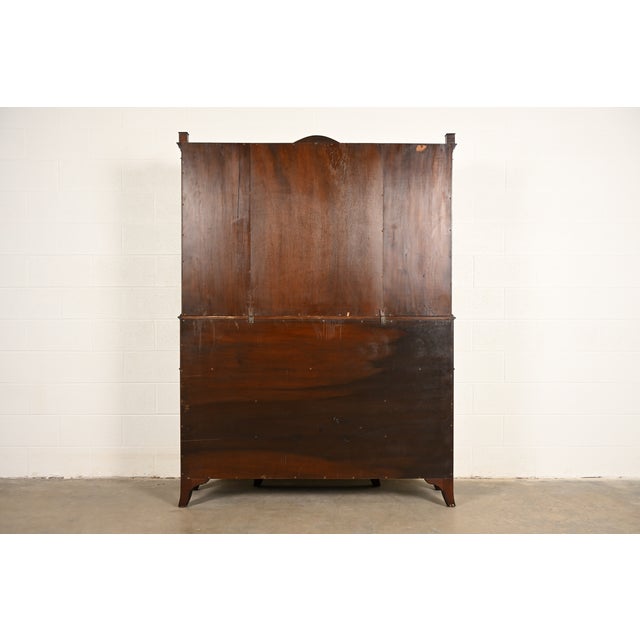 Baker Furniture Style Federal Carved Mahogany Breakfront Bookcase Cabinet With Secretary Desk, Circa 1940s For Sale - Image 15 of 16