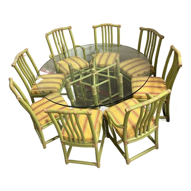 McGuire Furniture Pistachio Bamboo + Leather Dining Table + Set of Eight Chairs For Sale