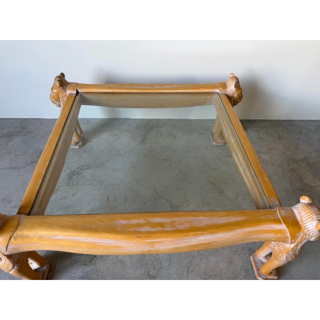 1970s Vintage Egyptian Revival Hand-Carved Wood Lion Coffee Table With Inset Glass Top For Sale - Image 5 of 12