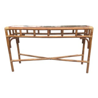 Late 20th Century Coastal Bamboo Sofa Console Table Server Rattan Glass Top For Sale