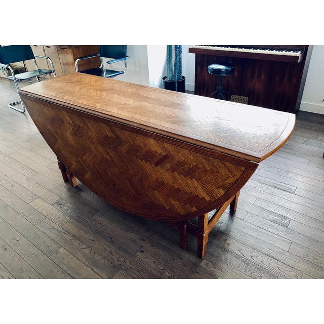 Vintage Large Oak Parquet Top Drop Leaf Dining Table For Sale - Image 12 of 12