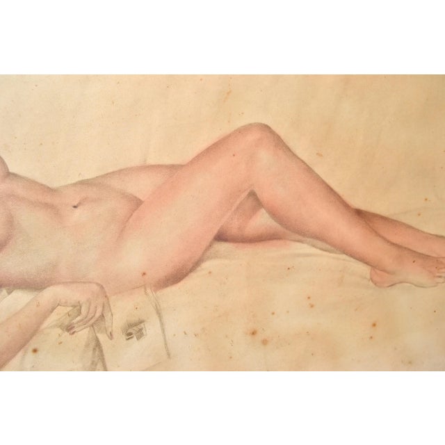 1940s Signed French Neoclassical Framed & Glass Cover Painting Resting Nude Woman 40s For Sale - Image 5 of 12