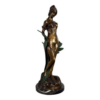 Bronze “Diana With Leaves” Sculpture, 35” H – Classical Female Figure on Marble Base For Sale