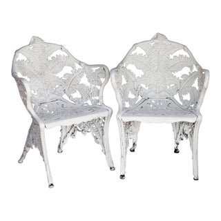 Pair of Antique White Cast Iron Garden Chairs For Sale