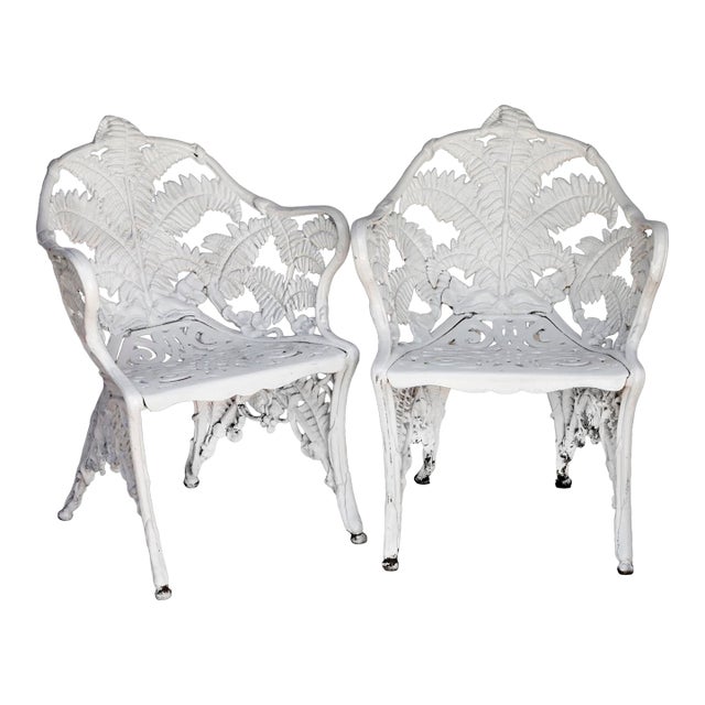 Pair of Antique White Cast Iron Garden Chairs For Sale