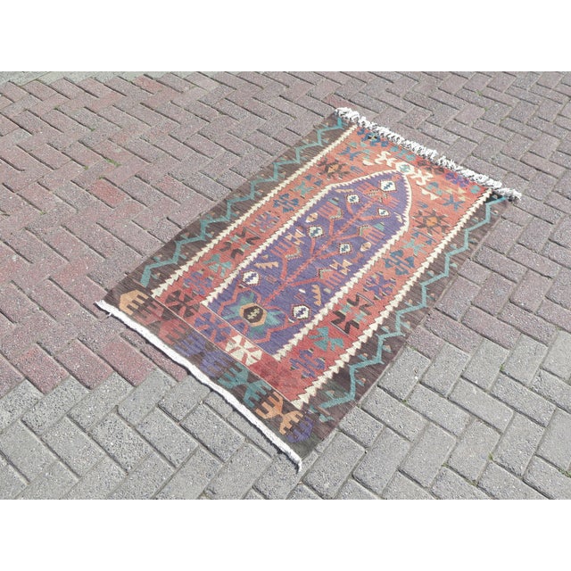 Mid 20th Century Mid 20th Century Soft Pale Colors Small Handmade Turkish Kilim Area Rug For Sale - Image 5 of 11