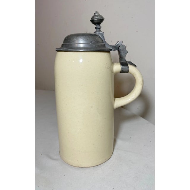 Metal Antique 1Ltr. Early 1800's German Pottery Pewter Lidded Beer Stein Mug Tankard For Sale - Image 7 of 13