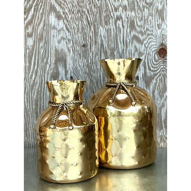 Hollywood Regency Vintage Boho Polished Brass Tethered Bags - Set of 2 For Sale - Image 3 of 10