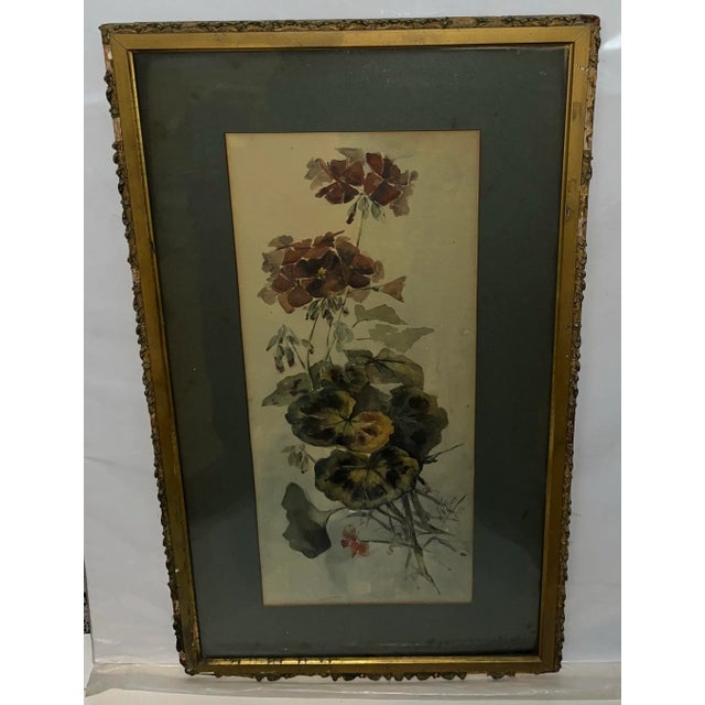 A very fine 1899 Watercolor of Violets and Impatiens bouquet from n it’s original frame. Signed H. N. Divey?