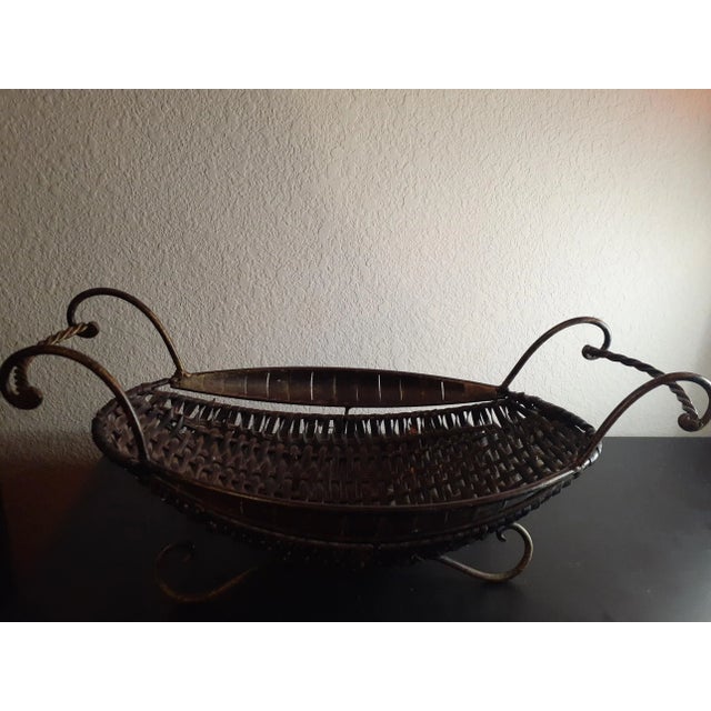 1960s 1960s Vintage Rattan & Brass Handle Basket or Wine Holder For Sale - Image 5 of 6