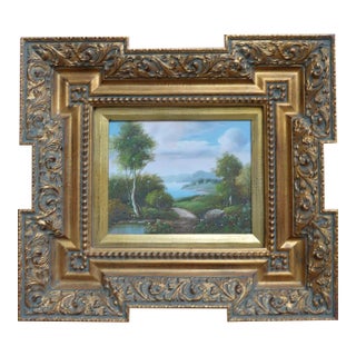 Vintage 1980s Oil on Canvas Beautiful Nature Scenery Stunning Colors Solid Wood Frame Venetian Style Frame Gold Tone For Sale