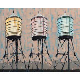 Towers Three by Stephanie Hartshorn | Oil Painting of three water towers on stilts For Sale