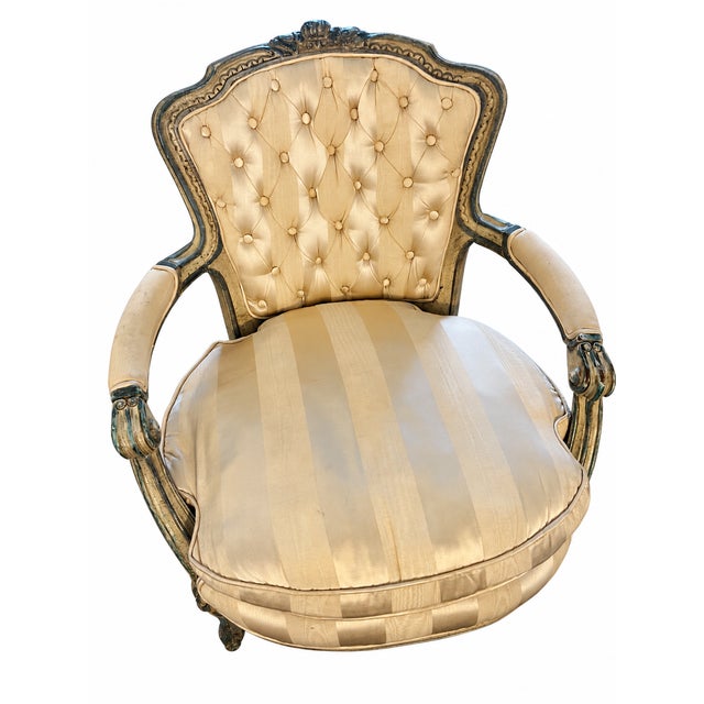 Wood Louis XV–Style Gold Tufted Armchair With Coordinating Damask Fringed Footstool For Sale - Image 7 of 13