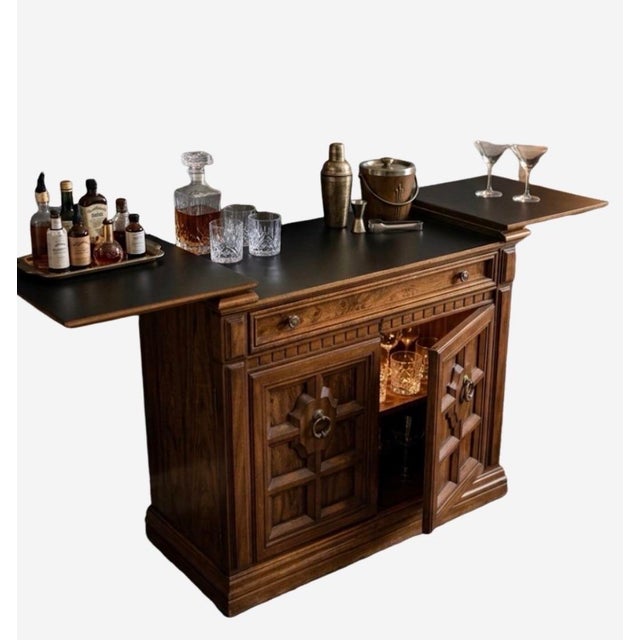 Vintage Carved Wooden Bar Cabinet With Drop-Leaf Extensions. For Sale - Image 4 of 12