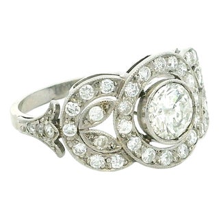 Vintage Platinum Diamond Halo Ring With 0.85 Ct Center – Late Art Deco, Size 8 For Sale