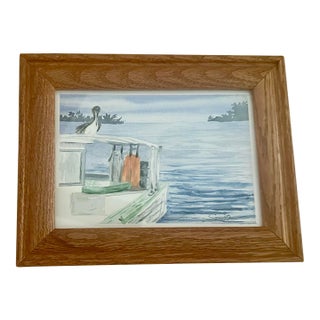 “Coastal Boat With Seabird” Framed Original Watercolor by Nancy Smith For Sale