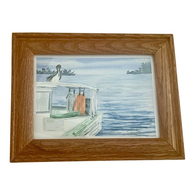 “Coastal Boat With Seabird” Framed Original Watercolor by Nancy Smith For Sale