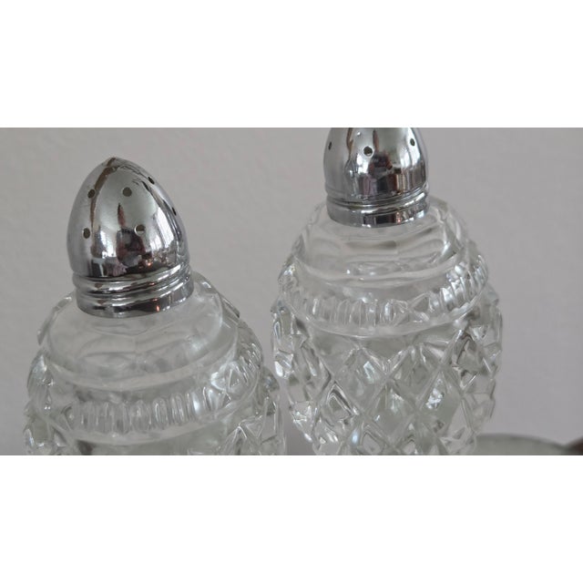 Vintage Tall Faceted Crystal-Glass Salt and Pepper Shakers With Silver-Tone Caps For Sale - Image 9 of 16