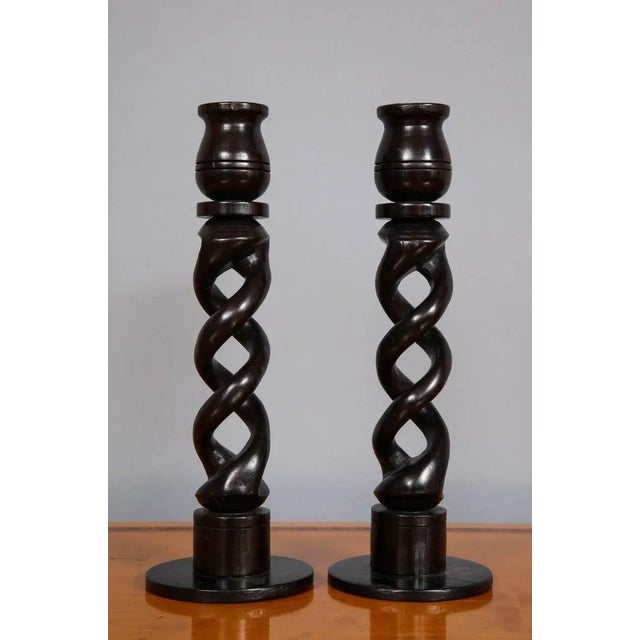 Pair of Antique 1900s Ebony Open Barley-Twist Candlesticks For Sale - Image 4 of 5