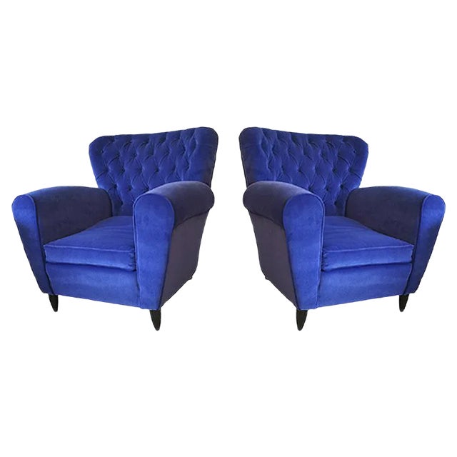 Velvet Blue Armchairs by Guglielmo Ulrich, 1950s, Set of 2 For Sale