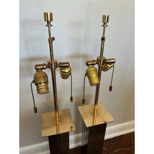 1980s Karl Springer Fluted Column Lamp Pair Brass Gunmetal Signed - a Pair For Sale In New York - Image 6 of 11
