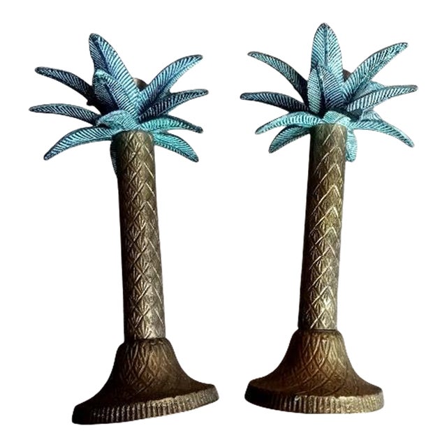 Vintage Brass Palm Tree 6” Candlesticks - A Pair For Sale