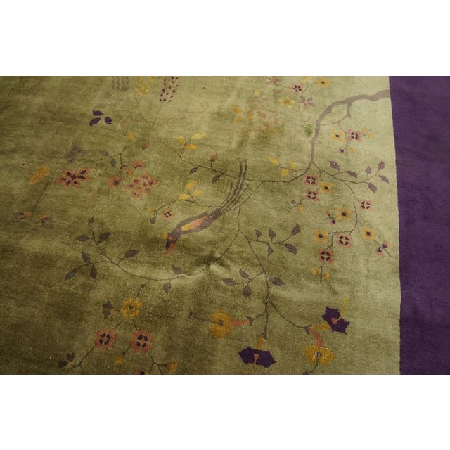 Textile 1920s Olive Green Floral Vase Antique Chinese Art Deco Carpet 9' X 12' Knotted Wool Rug For Sale - Image 7 of 11
